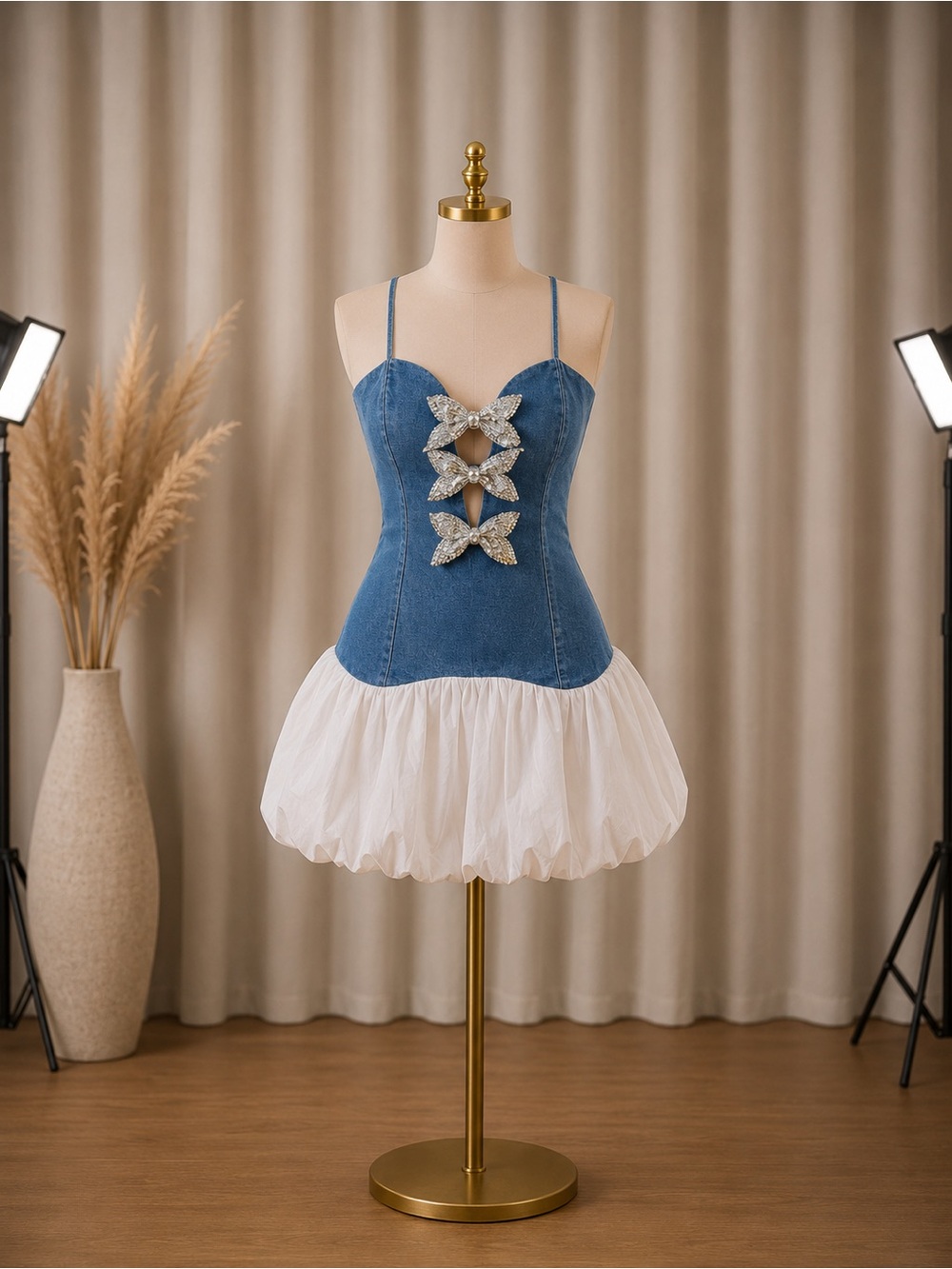 Blue denim corset dress whit white tulle skirt